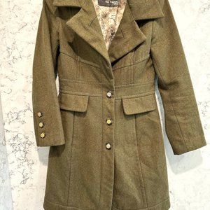 Army green and gold long wool blend coat- size XS